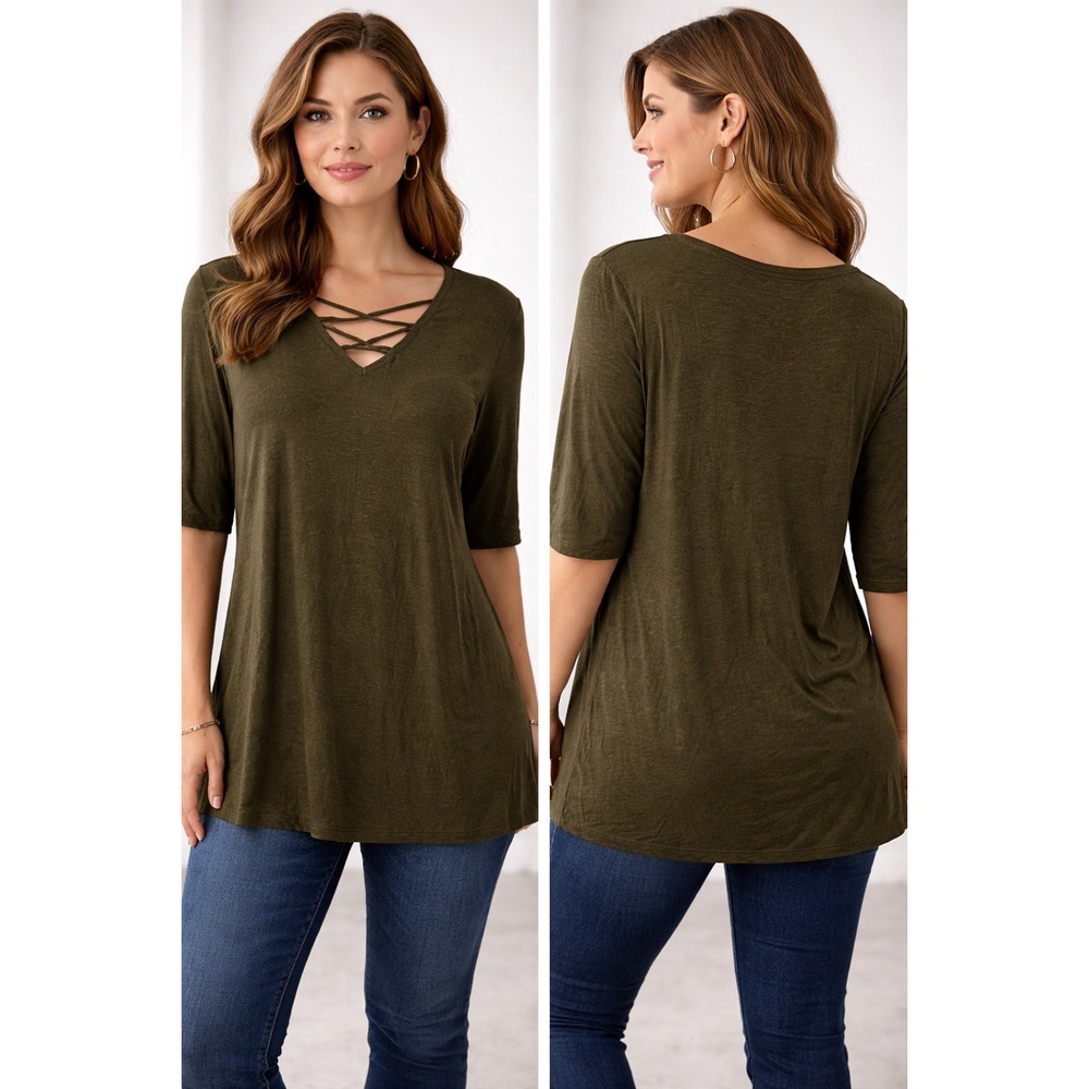 Cable & Gauge Lattice V-Neck Top Women L Olive Green Boho Casual